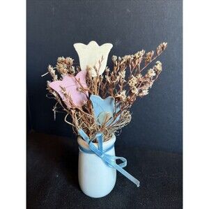 Vintage Miniature Vase Pottery Made In USA w/ Wooden & Dry Flowers
